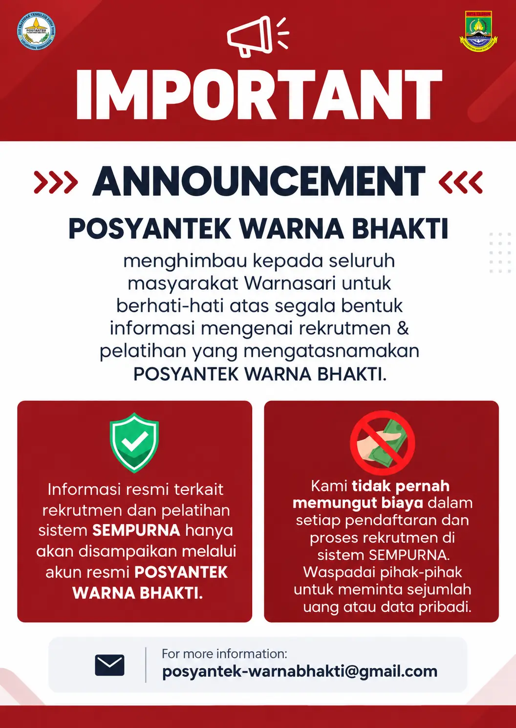 Pengumuman: informasi rekrutmen dan pelatihan resmi hanya melalui akun resmi Posyantek Warna Bhakti. Tidak ada pungutan biaya.